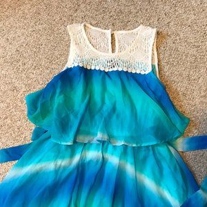 lilt Girls Blue Green Gradation Layered Flared Crochet Dress 16